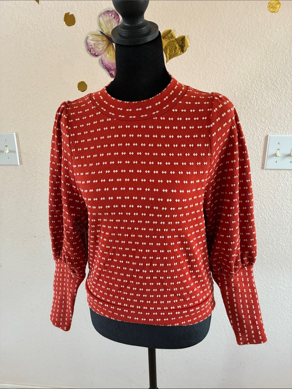 Madewell Red Crewneck Puff-Sleeve Sweater with White Dot Pattern